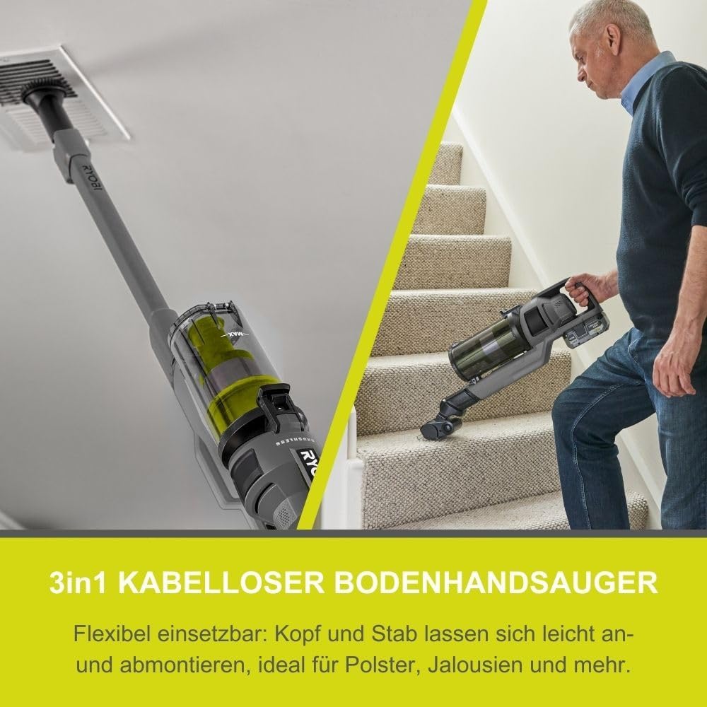 RYOBI 18 V ONE+ Brushless Akku-Staubsauger RSVS18BL-1C40G, 90 AW Saugleistung, bürstenloser Motor, inkl. 4,0 Ah Akku und 2,0 A Ladegerät, Anthrazit