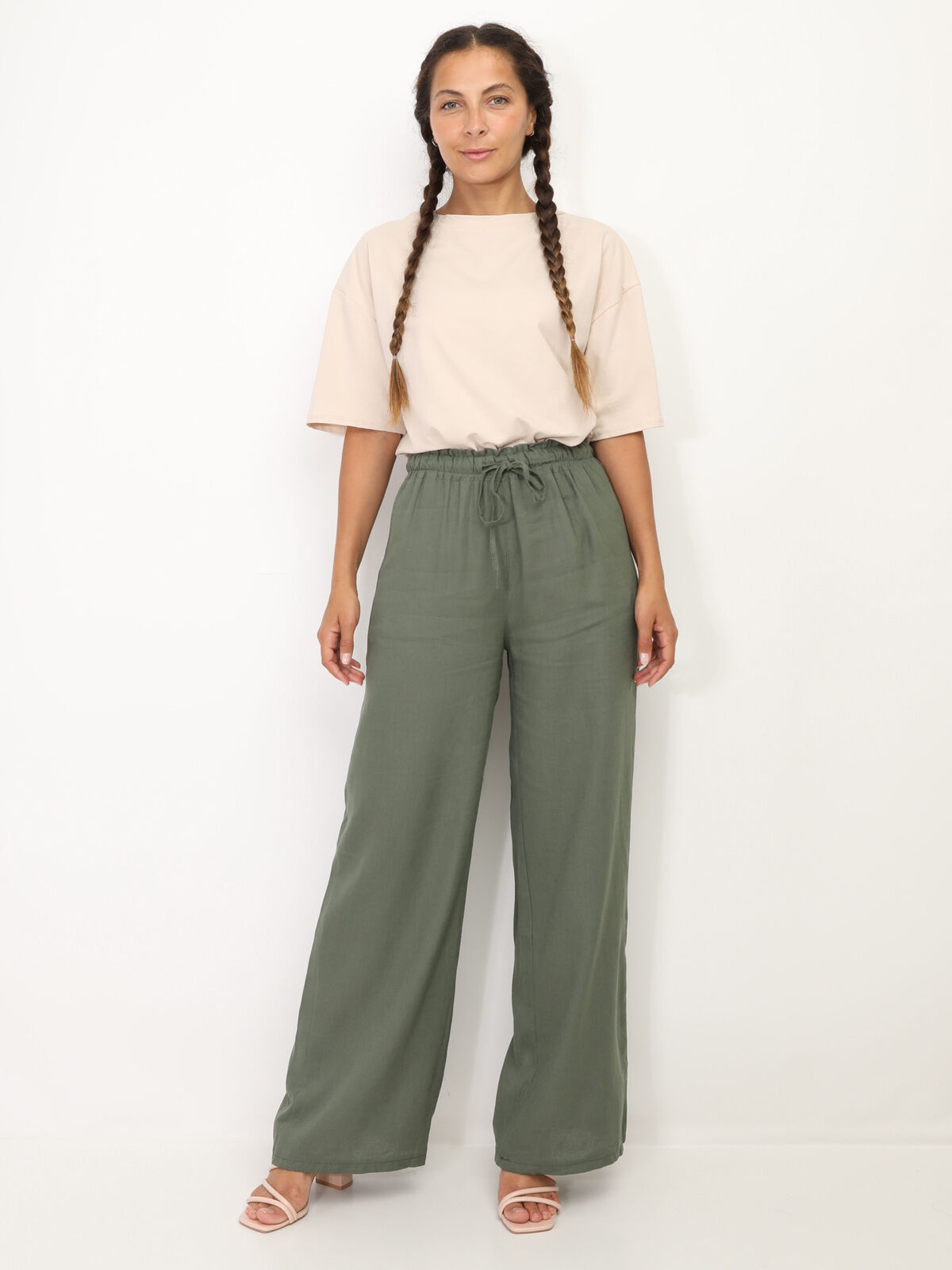 Pantalon en lin large à liens- Kaki
