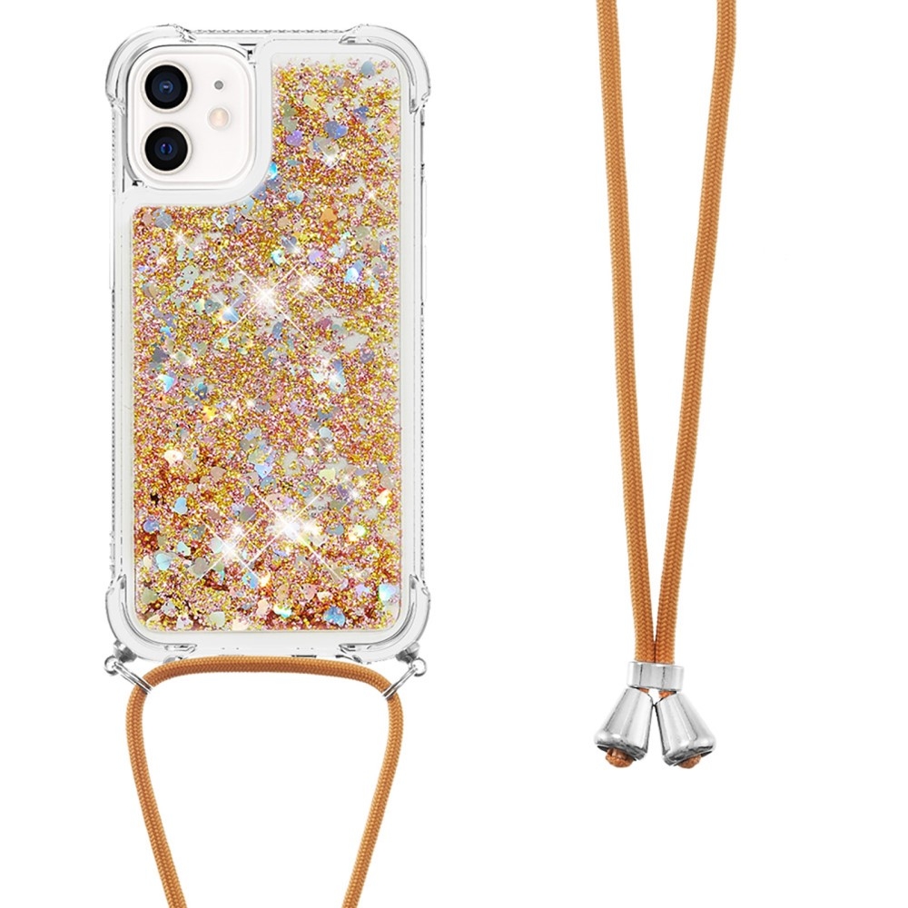 iPhone 12 / iPhone 12 Pro Necklace Gummi Hülle Liquid Glitzer   Handykette (130cm) - Braun / Gold