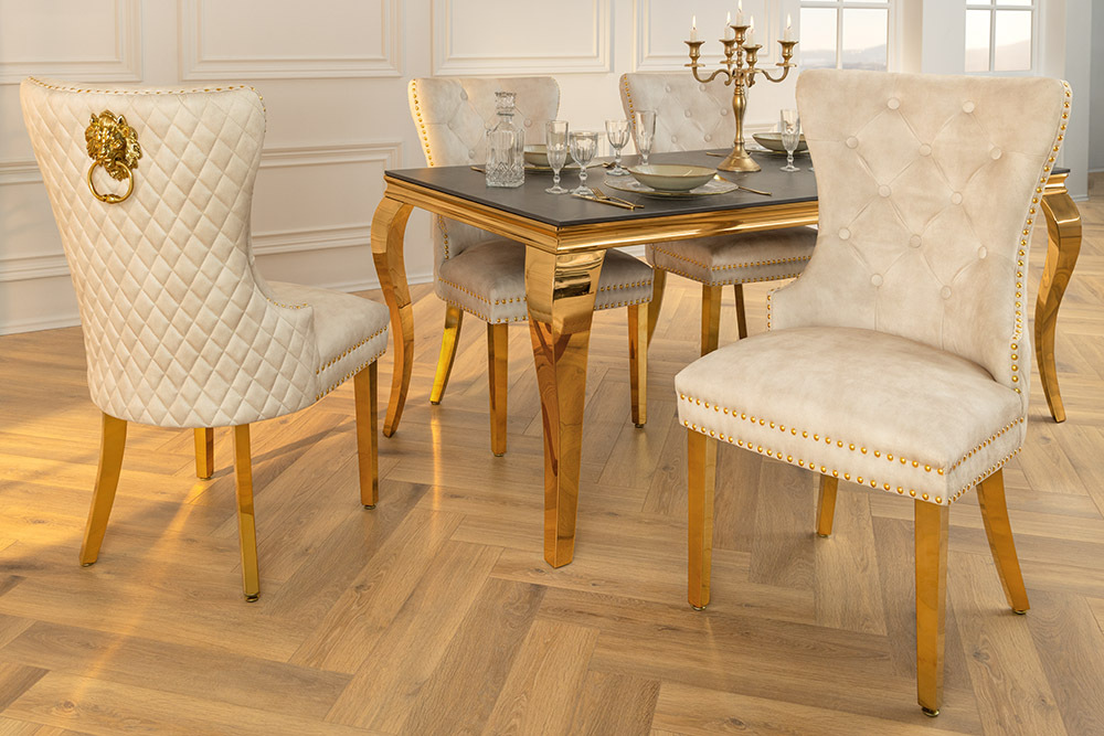 Barock Stuhl CASTLE DELUXE beige Samt gold Edelstahl mit Löwenkopf Ziernieten
