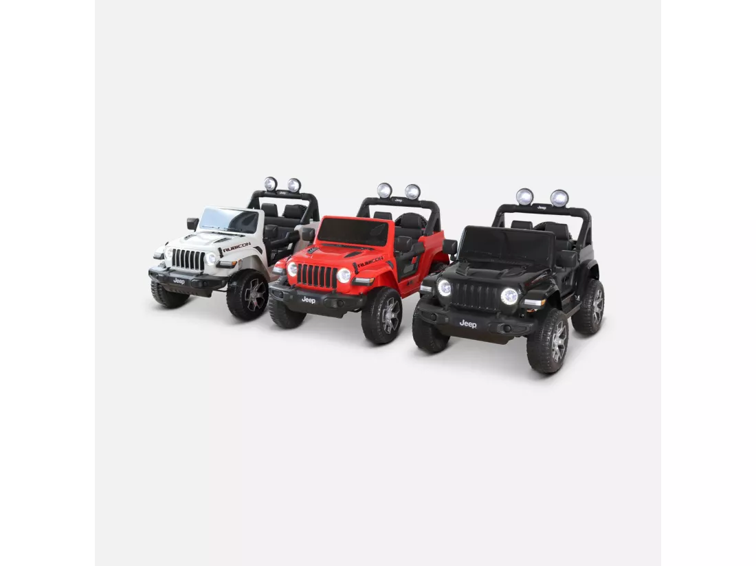 Voiture électrique 12V pour enfant - JEEP Wrangler Rubicon 2 roues motrices. noire. 1 place. avec autoradio. télécommande. MP3. port USB / carte SD. prise jack et phares fonctionnels
