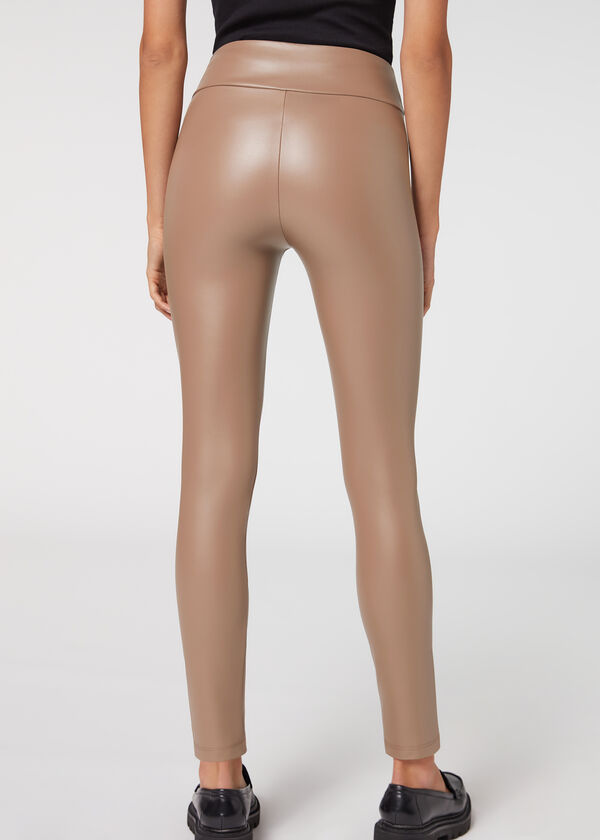 Calças legging com efeito de couro térmico