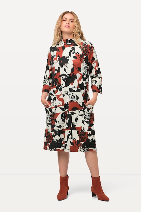 Sweatkleid, Blätter, Taschen, Stehkragen, 3/4-Arm