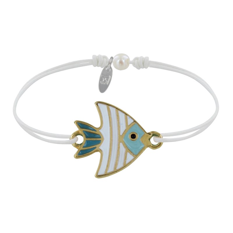 Bracelet Lien Médaille en Laiton Poisson Émaillée Blanche et Turquoise - Blanc