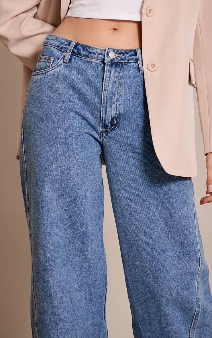 Mid Blue Wash Jean Large Bleu Moyen Décontracté Taille Mi-haute Avec Détails De Coutures