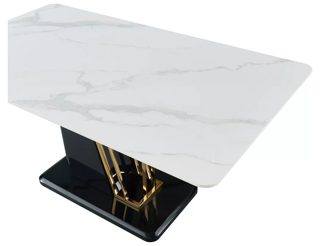 Table à manger 6 personnes en céramique et MDF - Effet marbre blanc, doré et noir laqué - BALLARAT