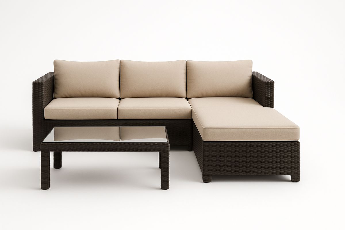 Outdoor Rattan Lounge-Set mit Glastisch, Beigefarbenen Kissen, 3-Sitzer Sofa und Chaiselongue