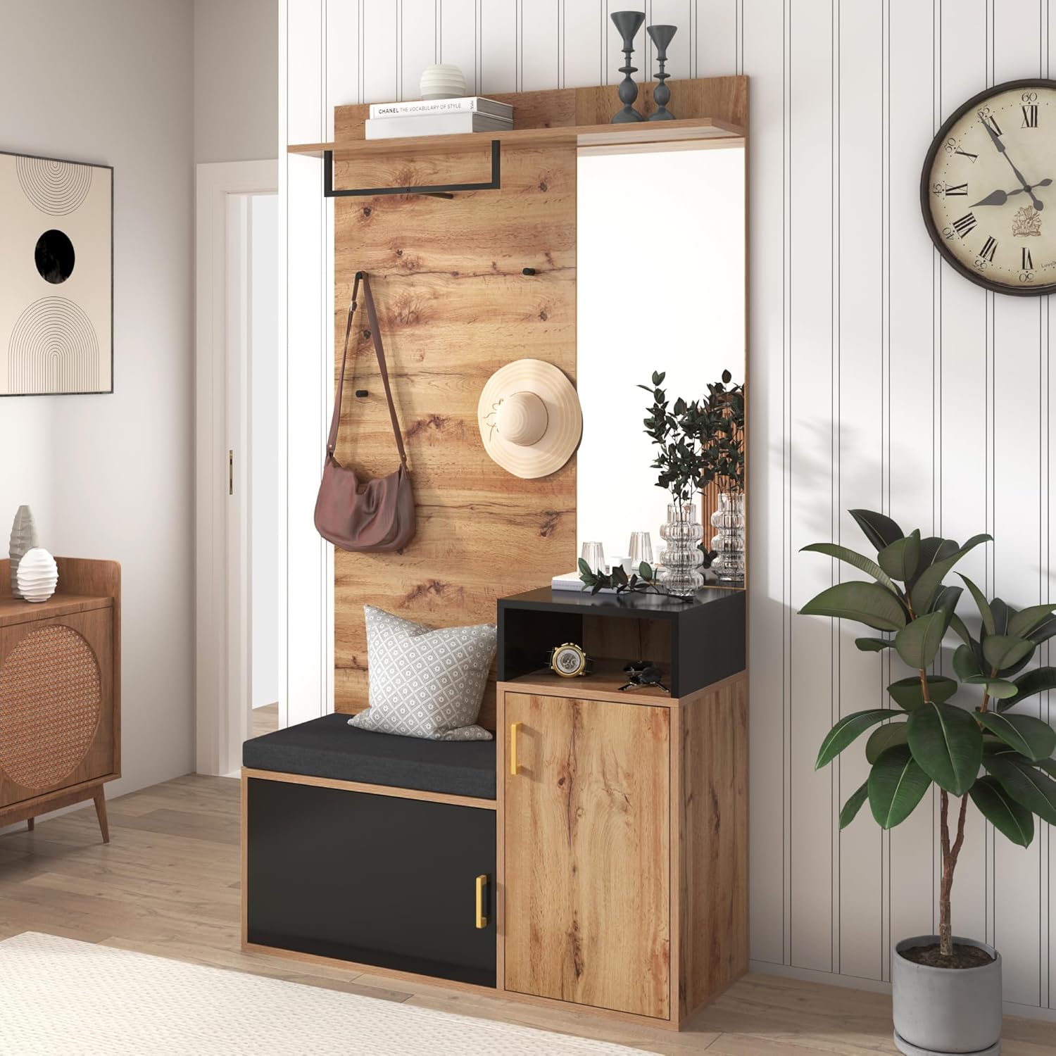 Garderoben-Set, Flurgarderobe mit Sitzbank & Spiegel, Garderobe mit Schuhschrank, Kompaktgarderobe mit 6 goldenen Kleiderhaken, Kissen, oberes Ablagefach, 105*40*190.5cm Holzfarbe & Schwarz
