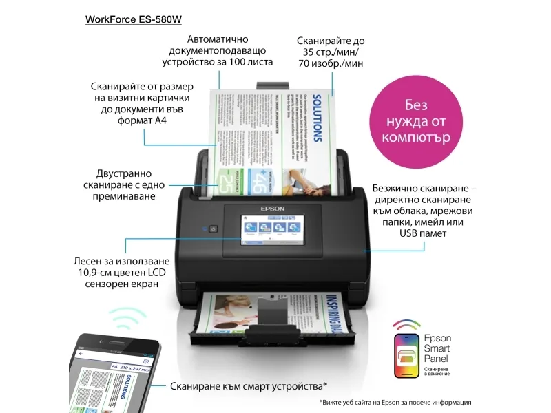 Epson WorkForce ES-580W DIN A4-Dokumentenscanner, ADF 100S.