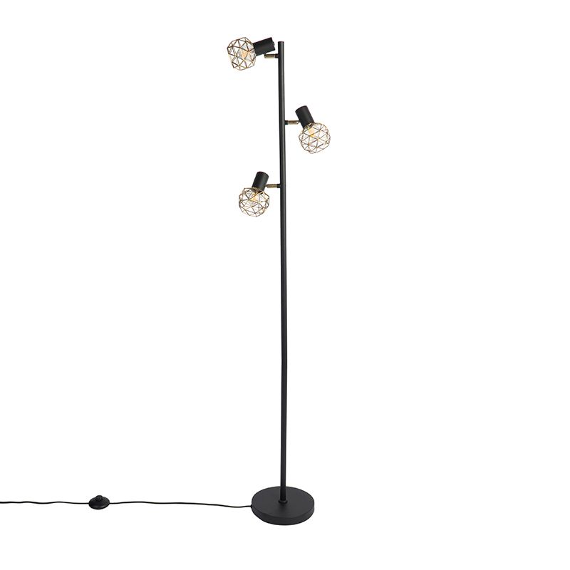 Design vloerlamp zwart met goud 3-lichts verstelbaar - Mesh