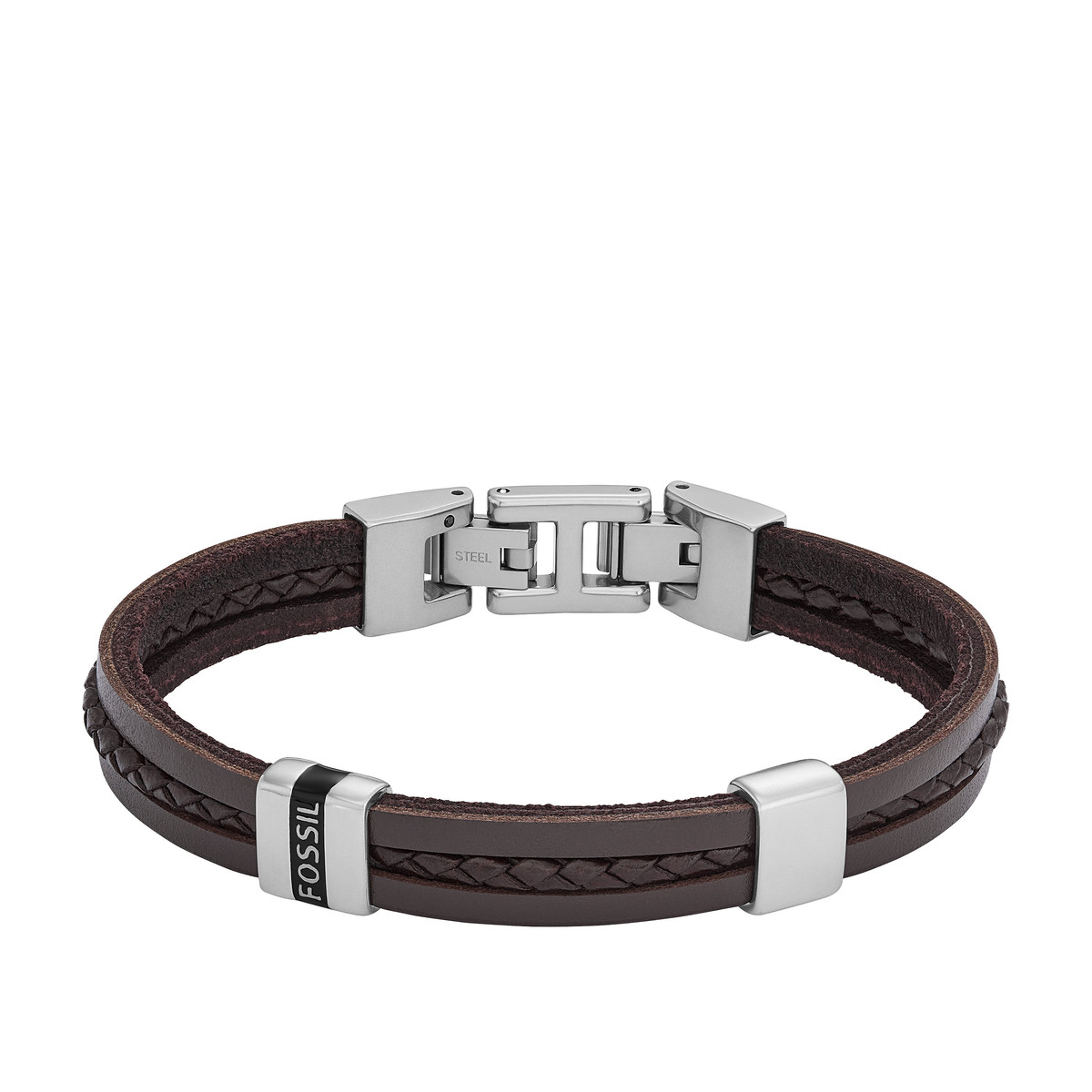 Bracelet FOSSIL acier cuir marron 19,5 cm