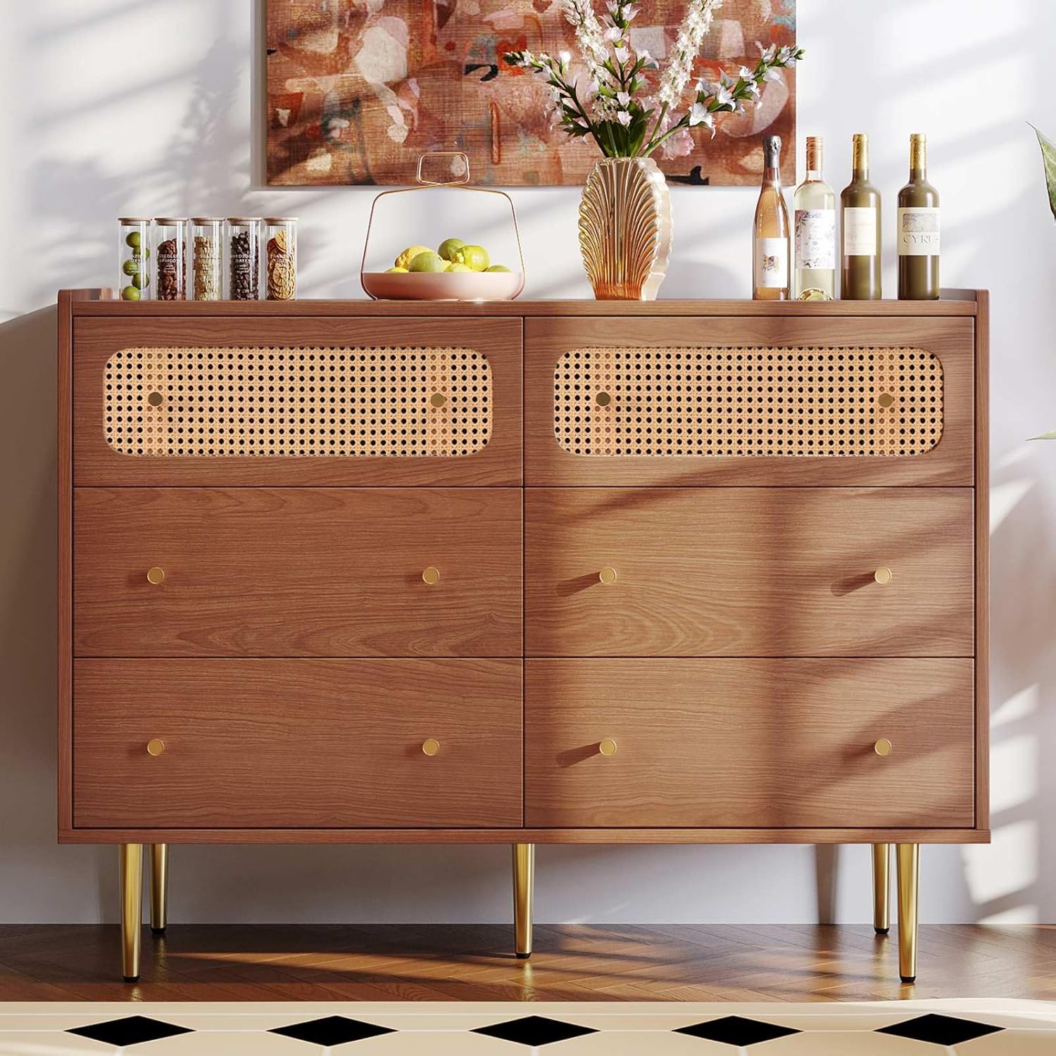 KOMHTOM Kommode mit 6 Schubladen Sideboard, Aufbewahrungsmöbel aus Holz, Schrank für Erwachsene, Schlafzimmer, Küche, Büro, Flur, Walnuss, 120 x 40 x 90 cm (B)