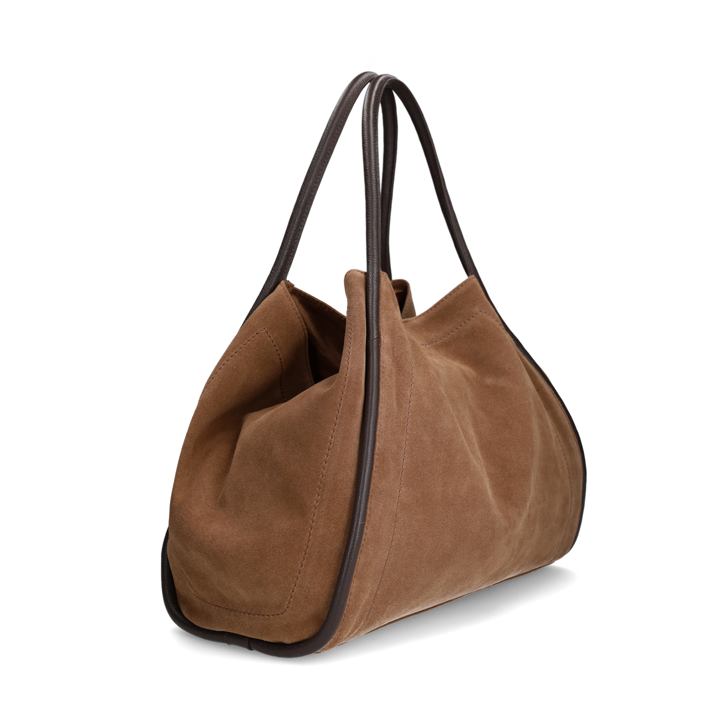 Taupe suède handtas met bruine handvaten