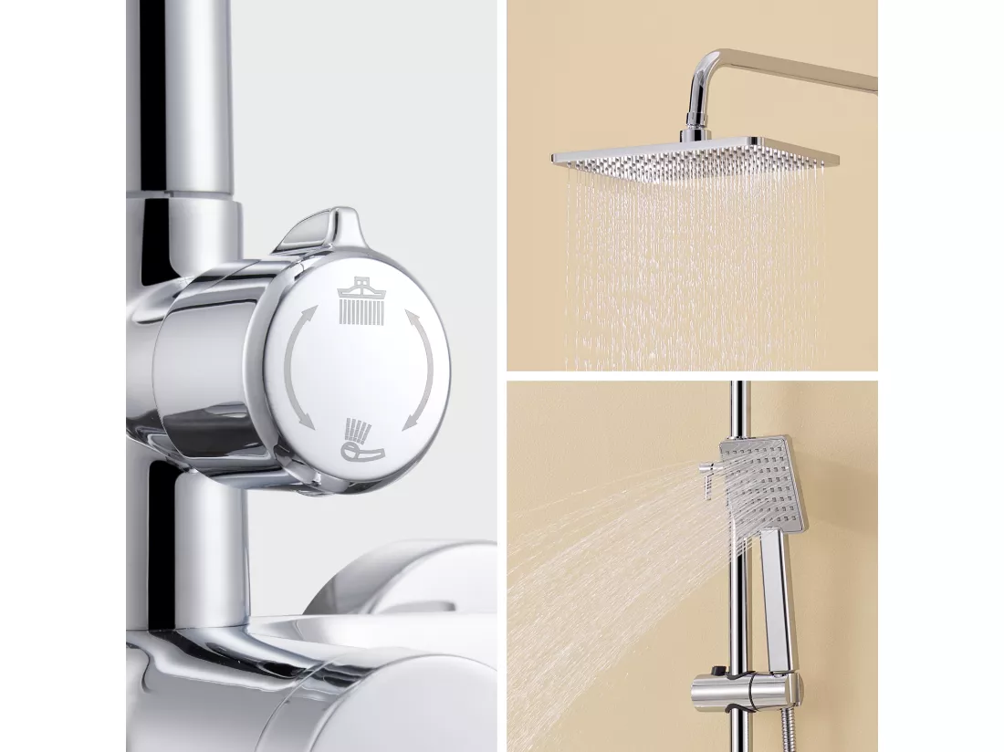 Colonne de Douche Mécanique, Colonne Douche Chromé,Hauteur Réglable 90-1240mm pour Salle Bain,Mitigeur Douche avec Douchette/Pommeau deDouche