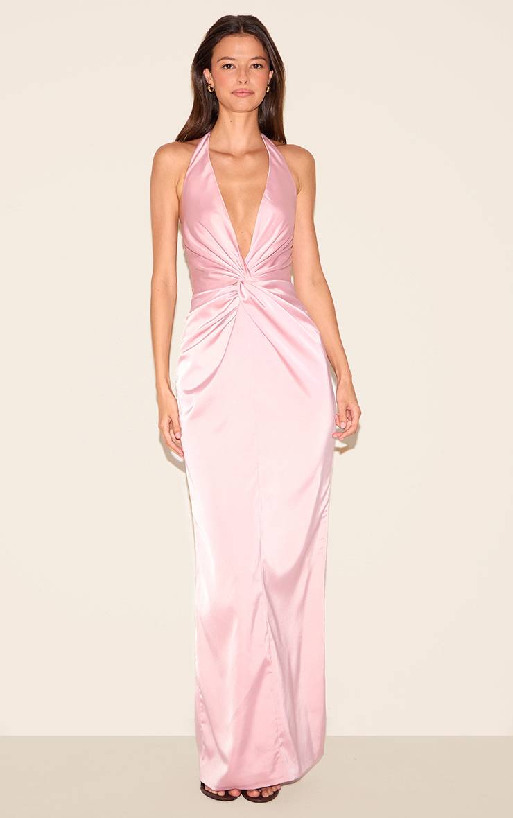 Rose Robe Longue De Demoiselle D'honneur En Satin Avec Détail Torsadé Et Col Licou