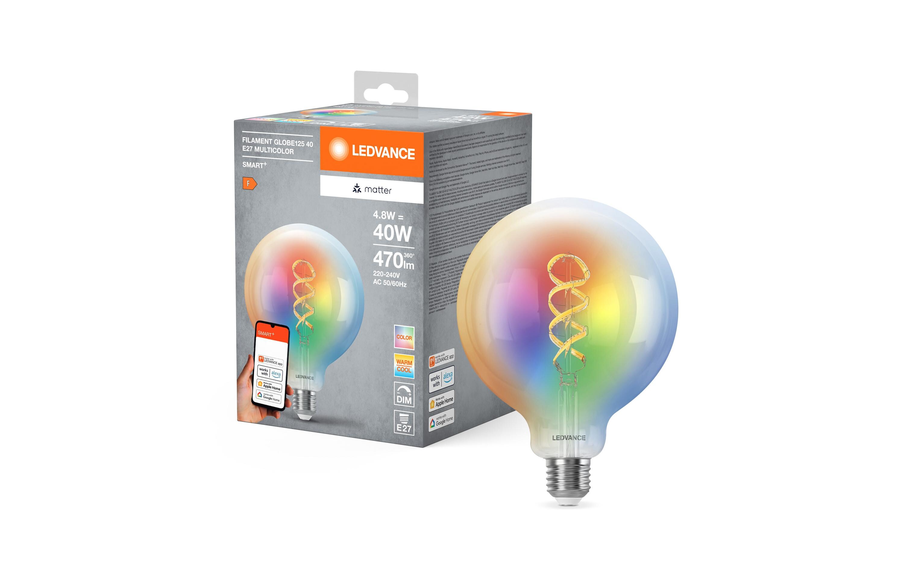 SMART+ Matter Filament Globe Multicolor 4.8W 827-865 E27Klassische Globe-Form mit Glühwendel-Design mit Matter Technologie
