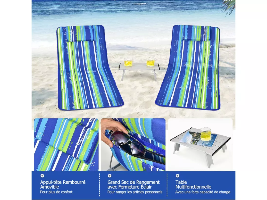 Ensemble de Tapis de Plage Pliables 2 pcs avec Table d’Appoint, Matelas de Plage avec Hauteur Réglable 27-47cm, Coloré
