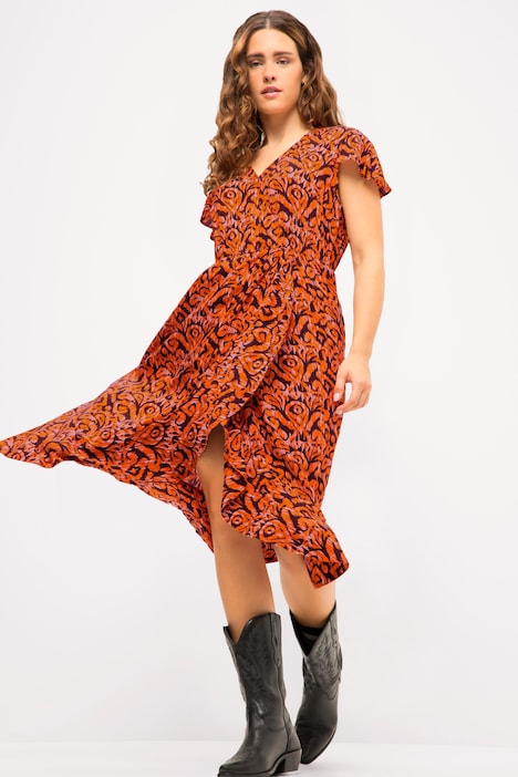 Midikleid, A-Line, Allover Print, V-Ausschnitt, Halbarm