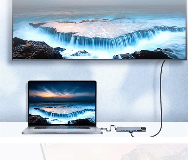 INF USB-C-hub med 8 uttak for USB, UBC PD, HDMI, RJ45, micro-SD Grå