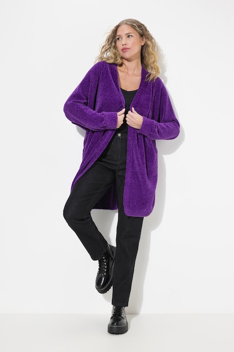 Chenille-Strickjacke, Oversized, V-Ausschnitt, offene Form