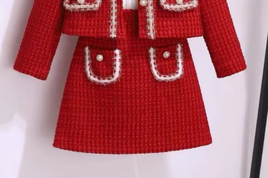 Petit Lace - Blouse met pofmouwen en hoge hals / Jasje met knoopjes en tweedmotief van imitatieparels / Mini A-lijn rok met hoge taille / Set