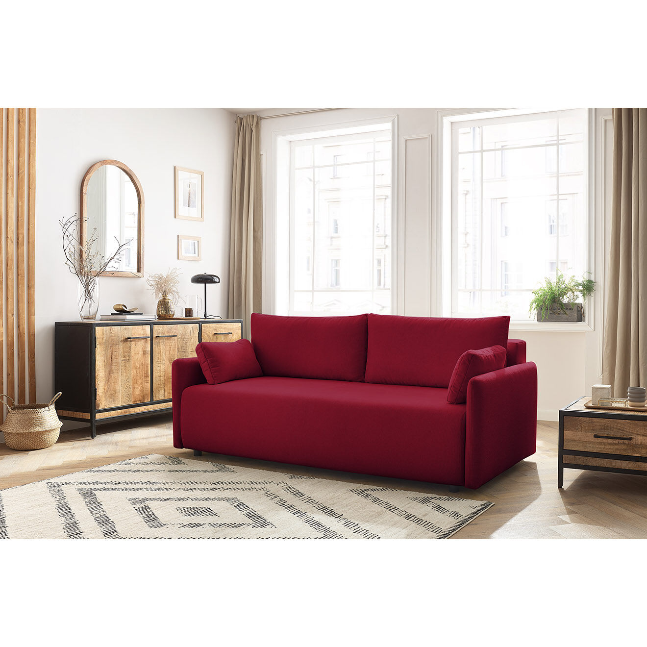 Bobochic Canapé droit convertible coffre marcel tissu lisse rouge - 211x100x86 cm