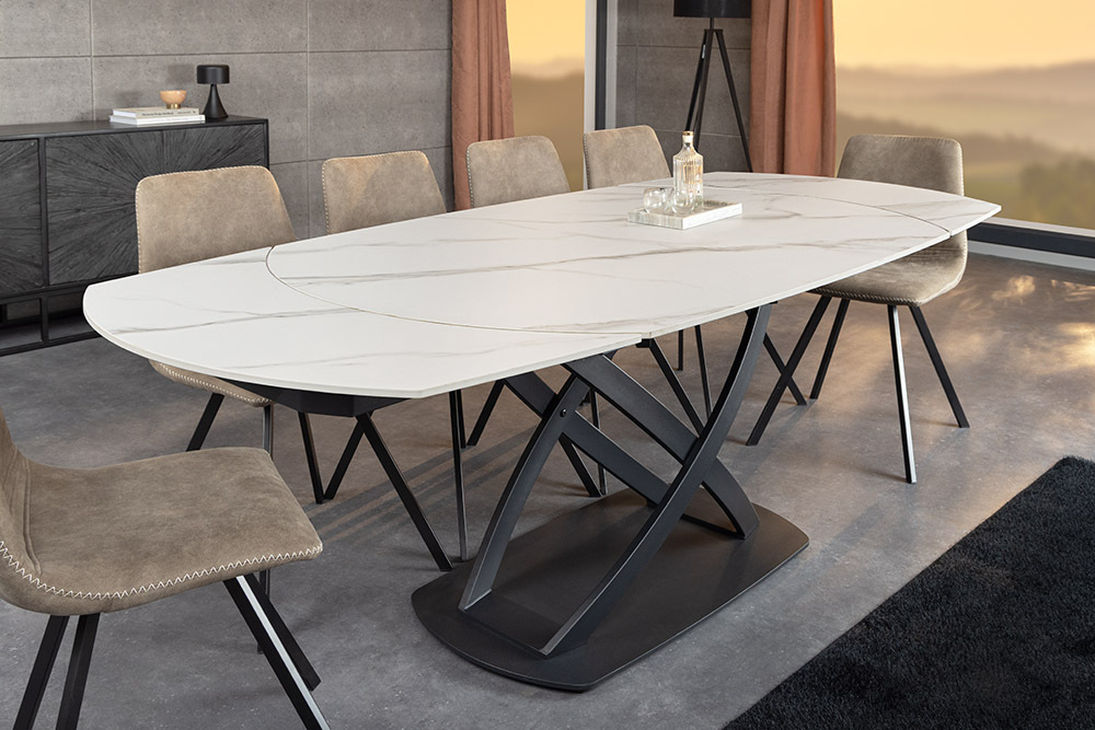 Ausziehbarer Esstisch INCEPTION 130-190cm weiß Marmor Keramik schwarzes Metallgestell