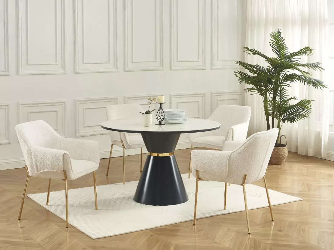Lot de 6 chaises avec accoudoirs en tissu bouclette et métal doré - Crème - AKETI de Pascal Morabito