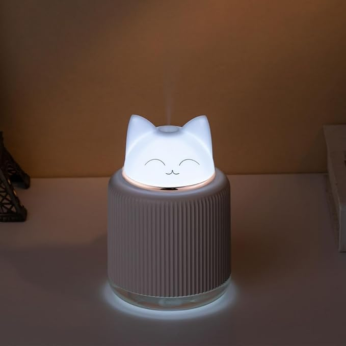 (300ml) Mini USB Luftbefeuchter Katze Aroma Öl Diffuser mit LED Beleuchtung - Rosa / Weiss