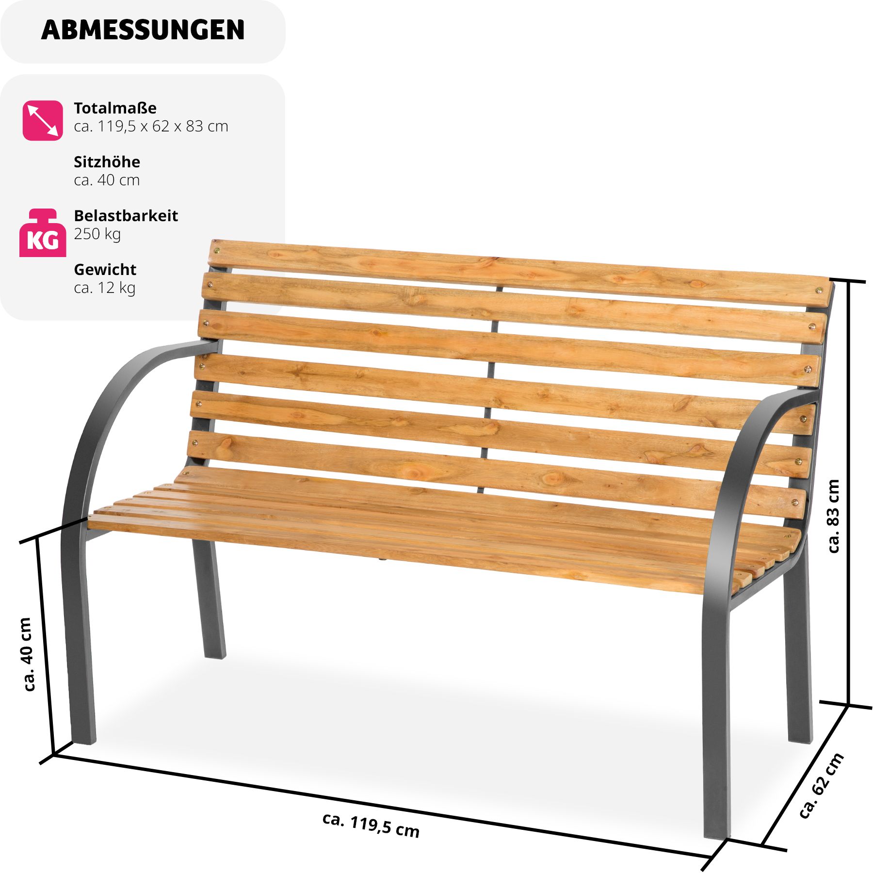 tectake® Gartenbank, 2-Sitzer, wetterfest, 119,5 x 62 x 83 cm