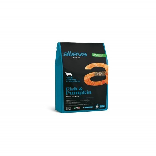 Ração Alleva Natural Adult Fish & Pumpkin Medium/Maxi para animais de estimação, sabor peixe e abóbora.
