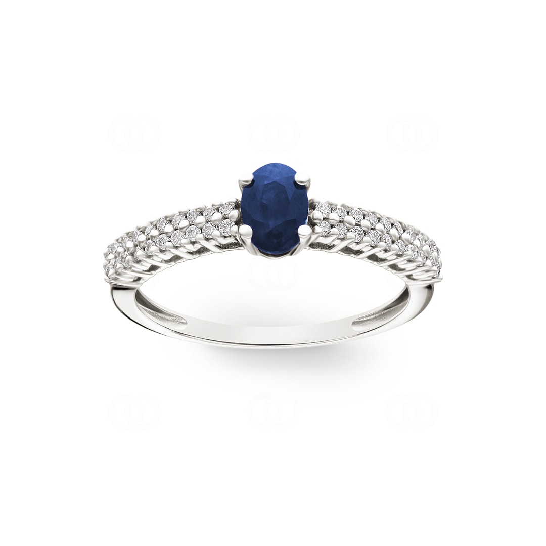 Damenring 750/18 K Weissgold mit Saphir oval und Diamanten 0.16 ct H/si
