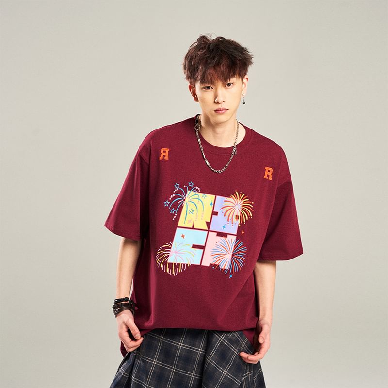 Priam - T-shirt met korte mouwen, ronde hals en vuurwerkprint