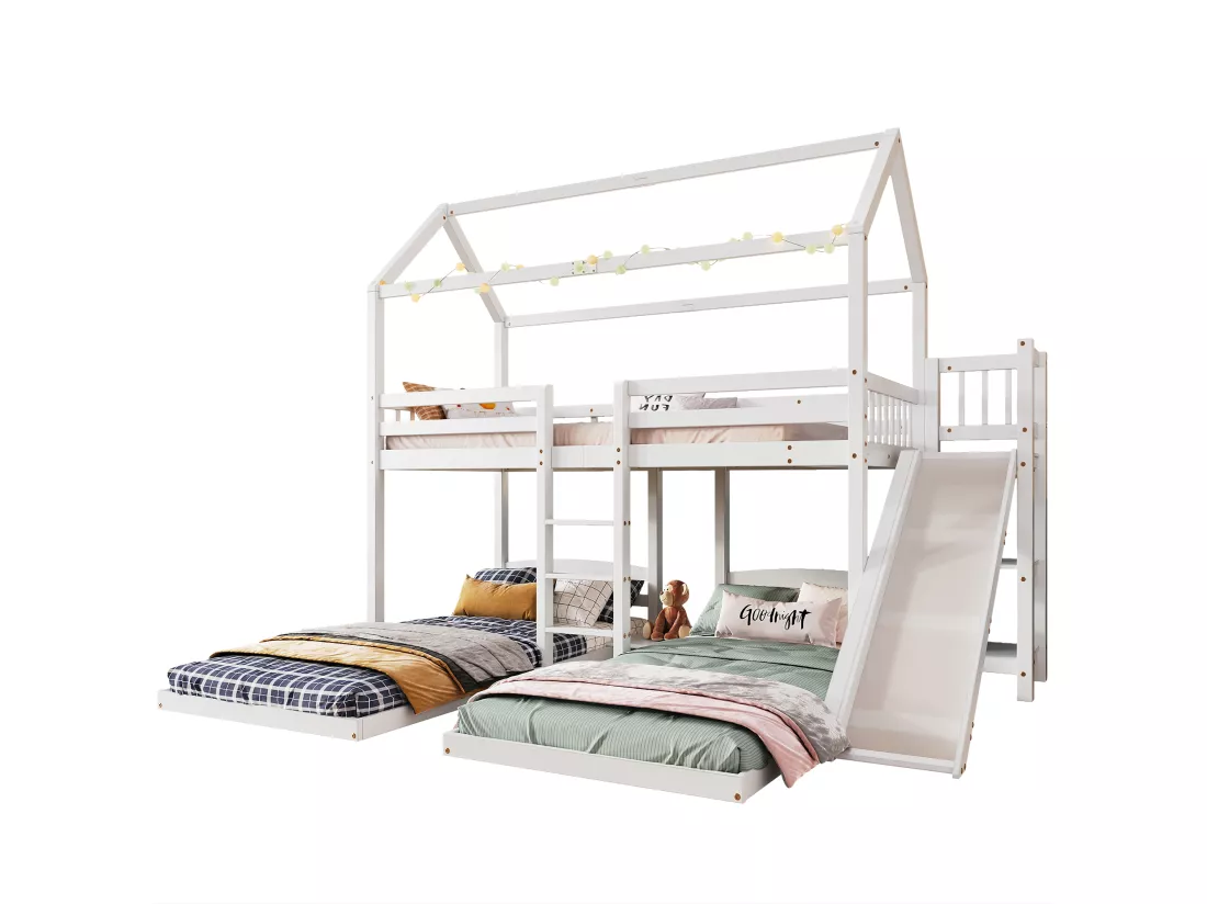 Lits superposés triples 3 x 90 x 200 cm avec toboggan et étagères - sommier à lattes seul au dessus - pin + MDF - blanc (sans matelas)