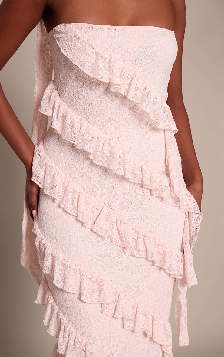 Rose Robe Maxi Asymétrique En Dentelle À Volants Et Détail Foulard