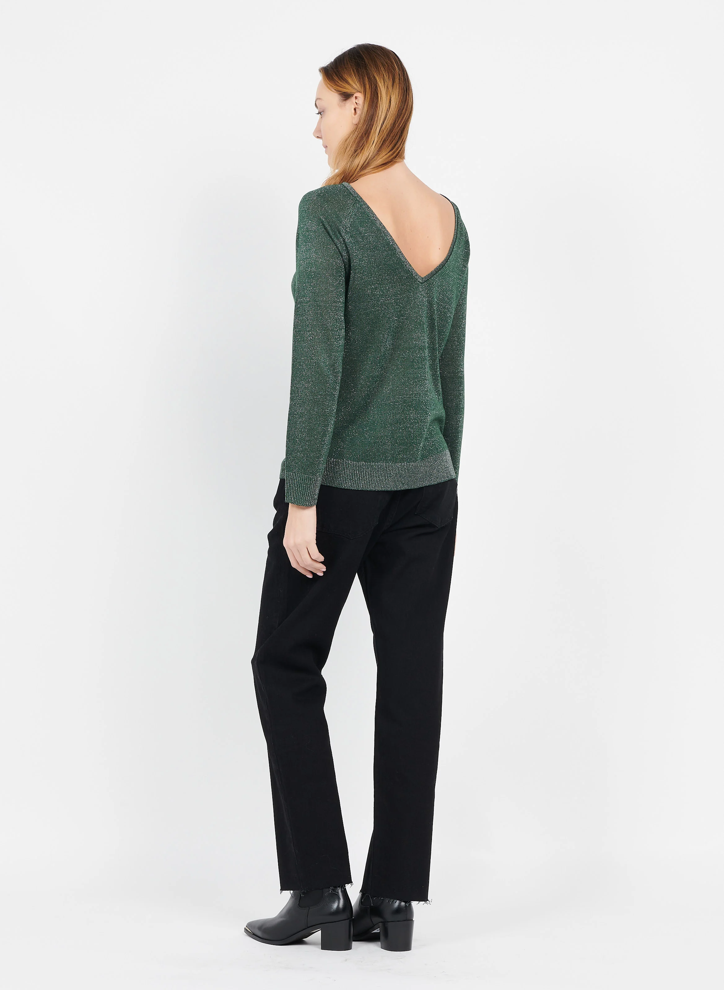 Pull à col v effet brillant| Vert