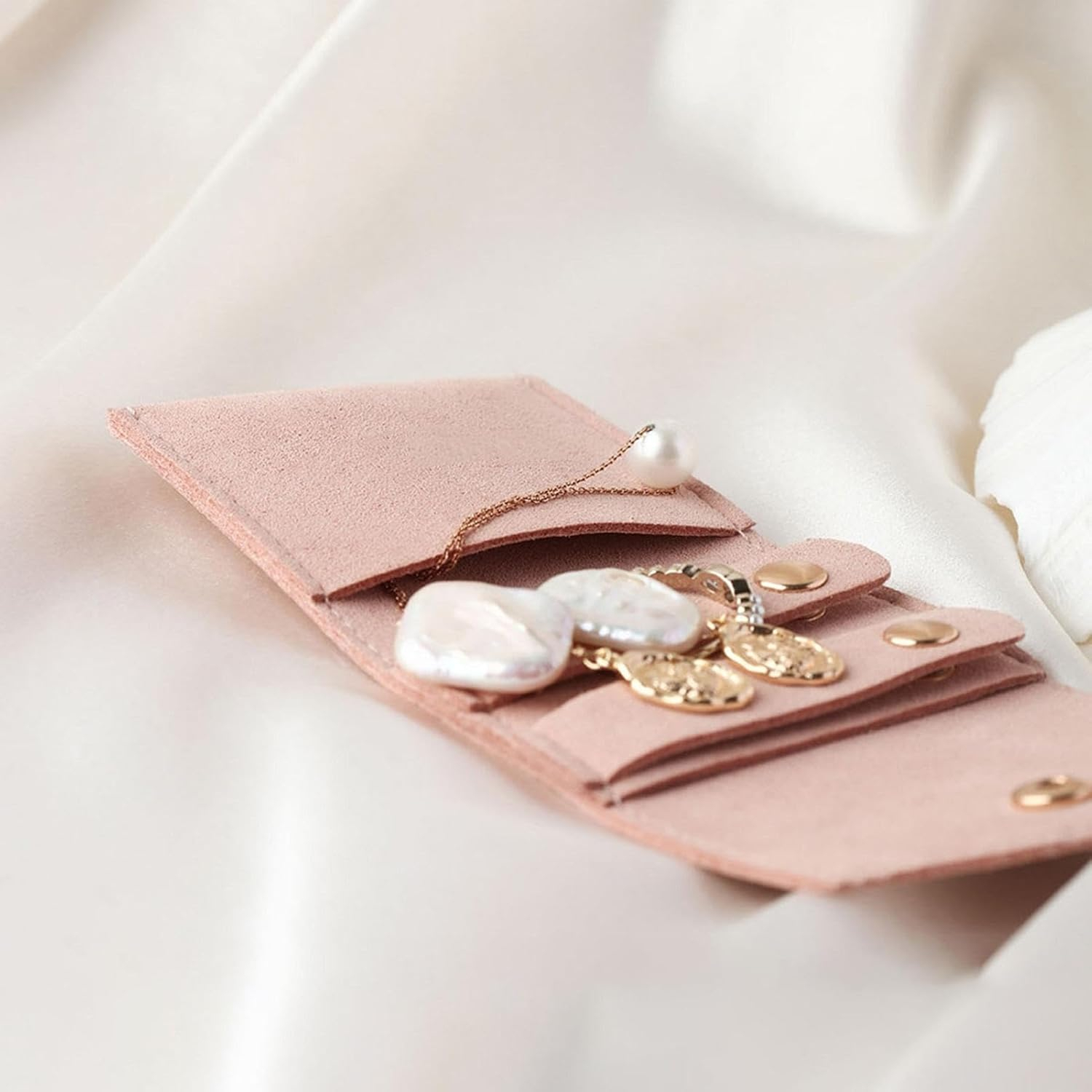 Faltbarer Mini Leder Reise Schmuck Organizer Aufbewahrungs Tasche für Ringe / Halskette / Ohrringe - Rosa