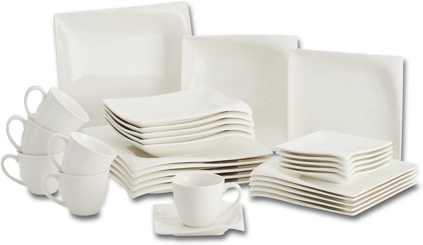 Kombiservice für 6 Personen Porzellan 30-teiliges eckiges Geschirrset weiß, geschwungenes Design 6xDessertteller 6xKaffeetassen 6xKaffeeuntertassen 6xSpeiseteller 6xSuppenteller