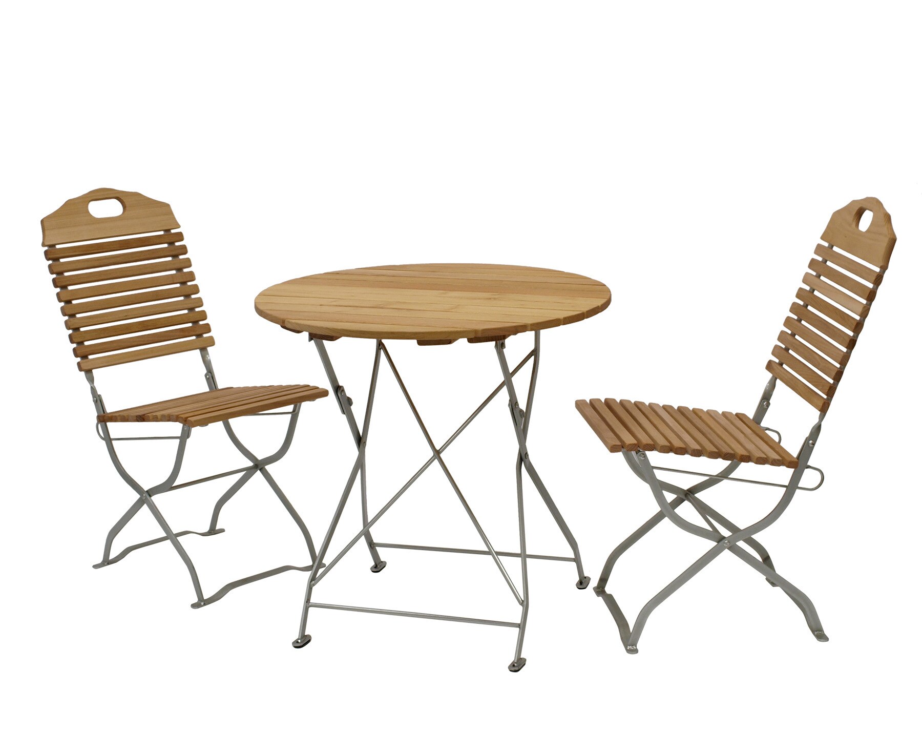 DEGAMO Kurgarten - Garnitur BAD TÖLZ 3-teilig (2x Stuhl, 1x Tisch 77cm rund), Flachstahl verzinkt + Robinie, klappbar