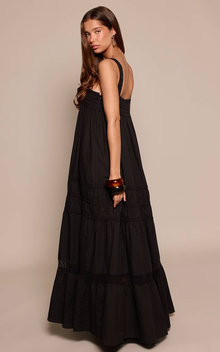 Noir Robe Longue À Détails Brodés Aspect Lin
