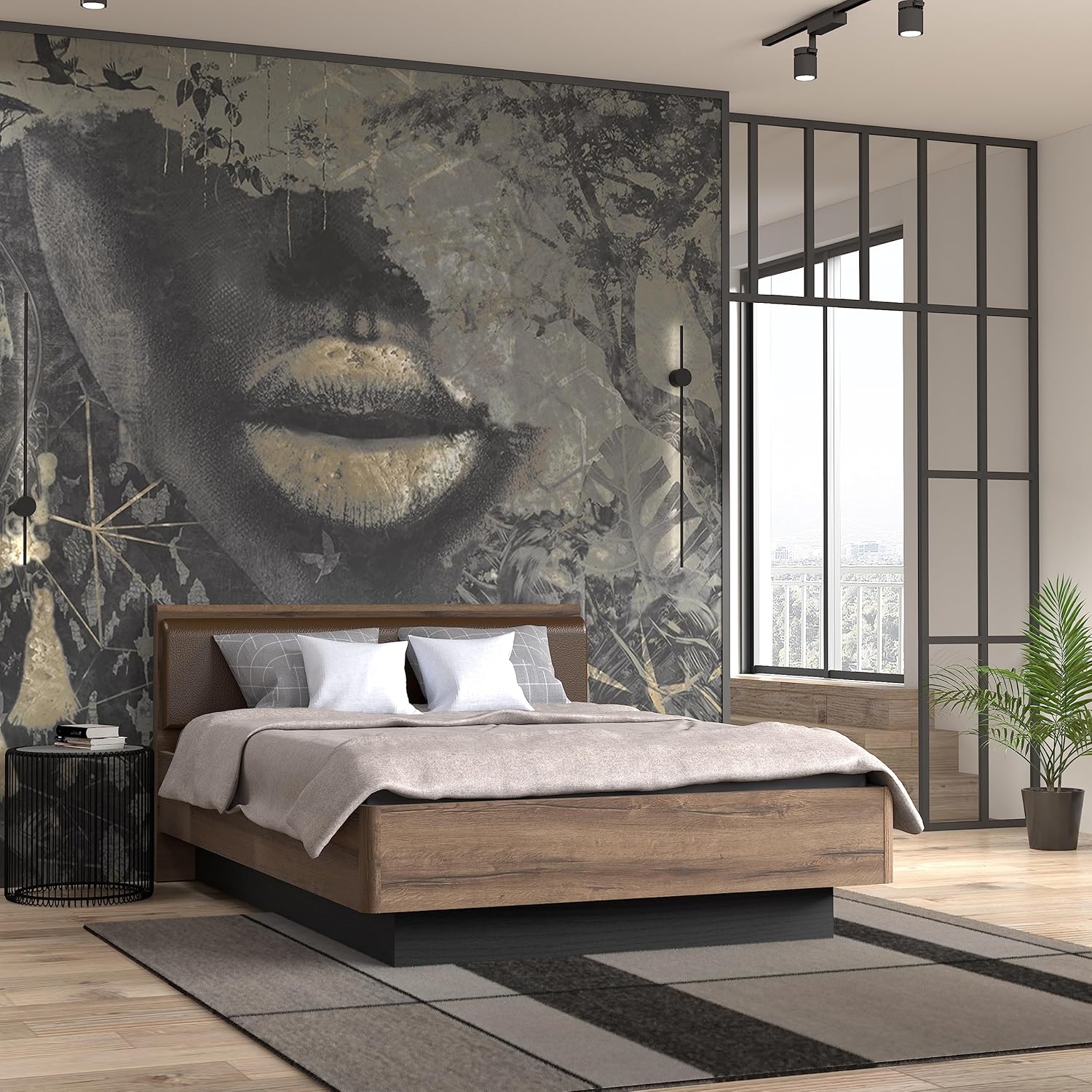 FORTE JACKY Bett, Liegefläche 140 x 200 cm, Holzwerkstoff, Script-Schlammeiche / Schwarzeiche, 146.2 x 87.7 x 209.6 cm