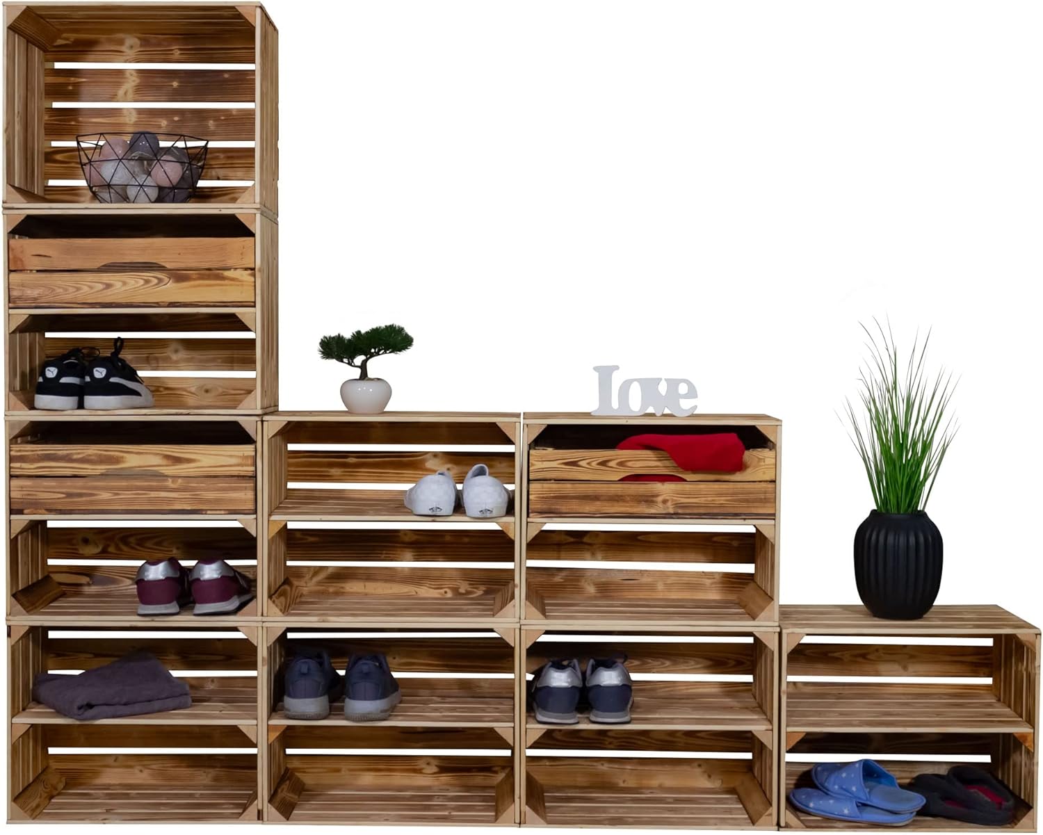 Kistenkolli Altes Land Schuhregal mit 17 Ebenen Schuhschrank, Schuhaufbewahrung, Schuhorganizer, für bis zu 34 Paar Schuhe, für Wohnzimmer, Flur (Geflammt)