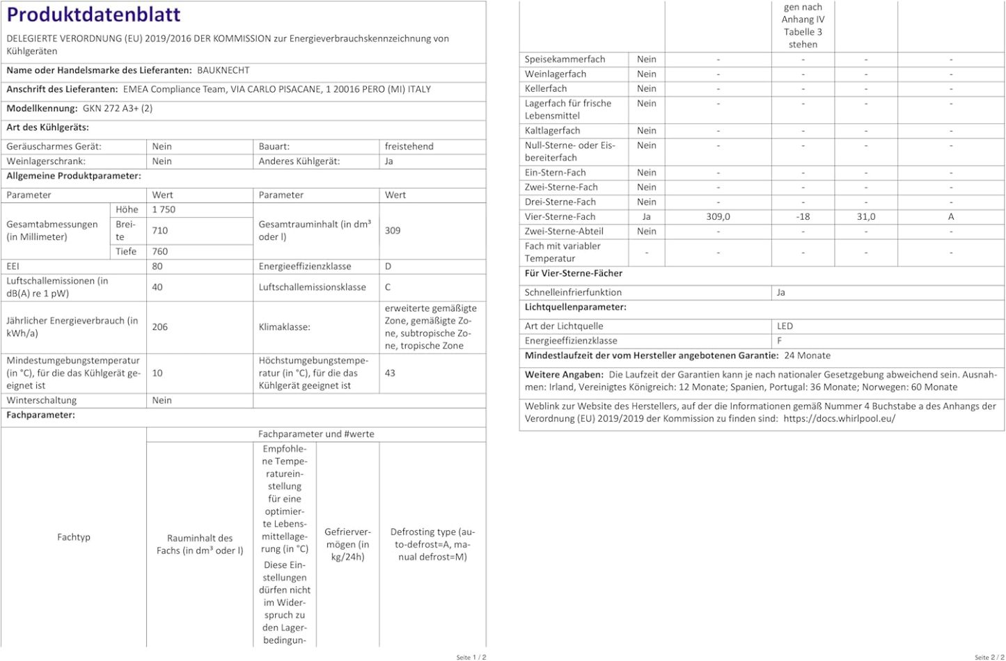 Bauknecht GKN 272 A3+ Gefrierschrank / 309 L Gesamtnutzinhalt / NoFrost / EasyOpen Ventil / Innenbeleuchtung / Elektronische Steuerung mit innenliegendem Bedienfeld, Weiß