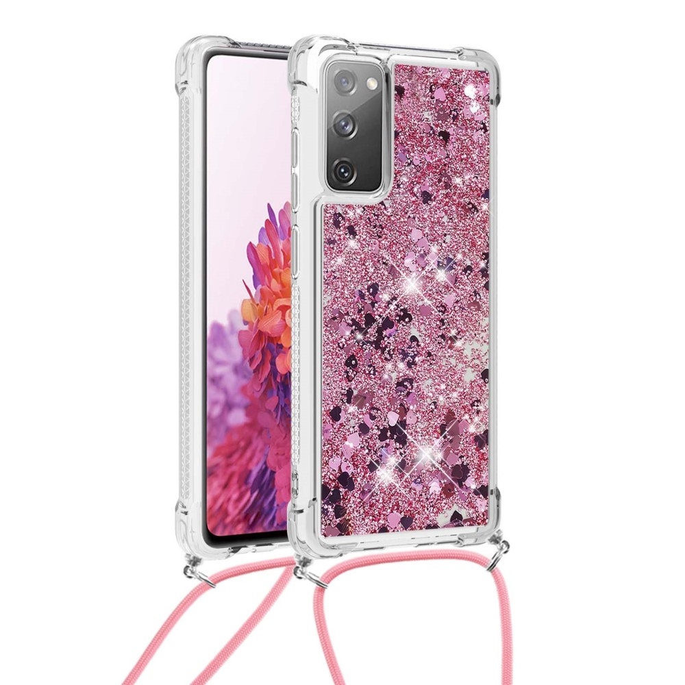 Samsung Galaxy S20 FE / S20 FE 5G Necklace Gummi Hülle Liquid Glitzer   Handykette (130cm) - Pink / Roségold