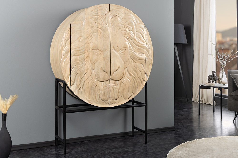 Massives Highboard LION 140cm weiß Mangoholz Metall 3D Schnitzereien Kunstwerk