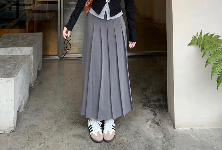 Shinsei - Mock tweedelig, lange mouwen, V-hals, strik, knoopjes, gebreide top / geplooide midi-A-lijn rok met hoge taille