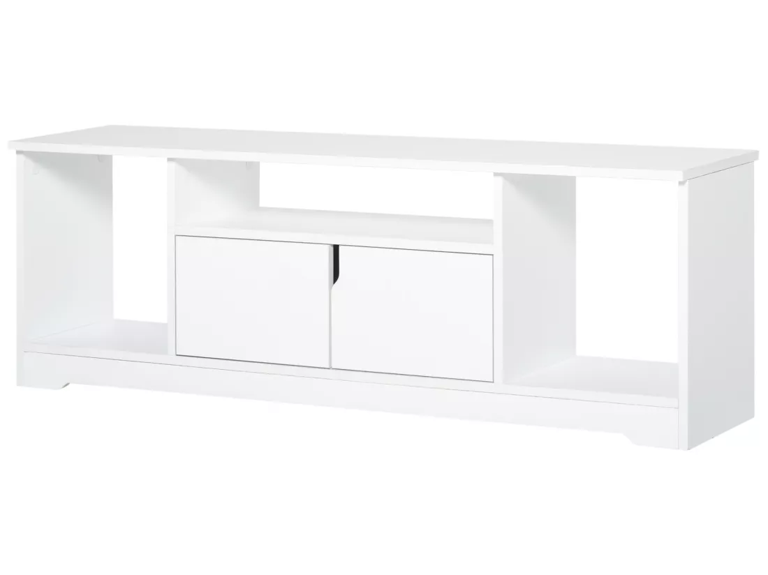 Meuble TV banc TV design contemporain - 3 niches, placard double porte - dim. 120L x 30l x 41H cm - panneaux particules blanc