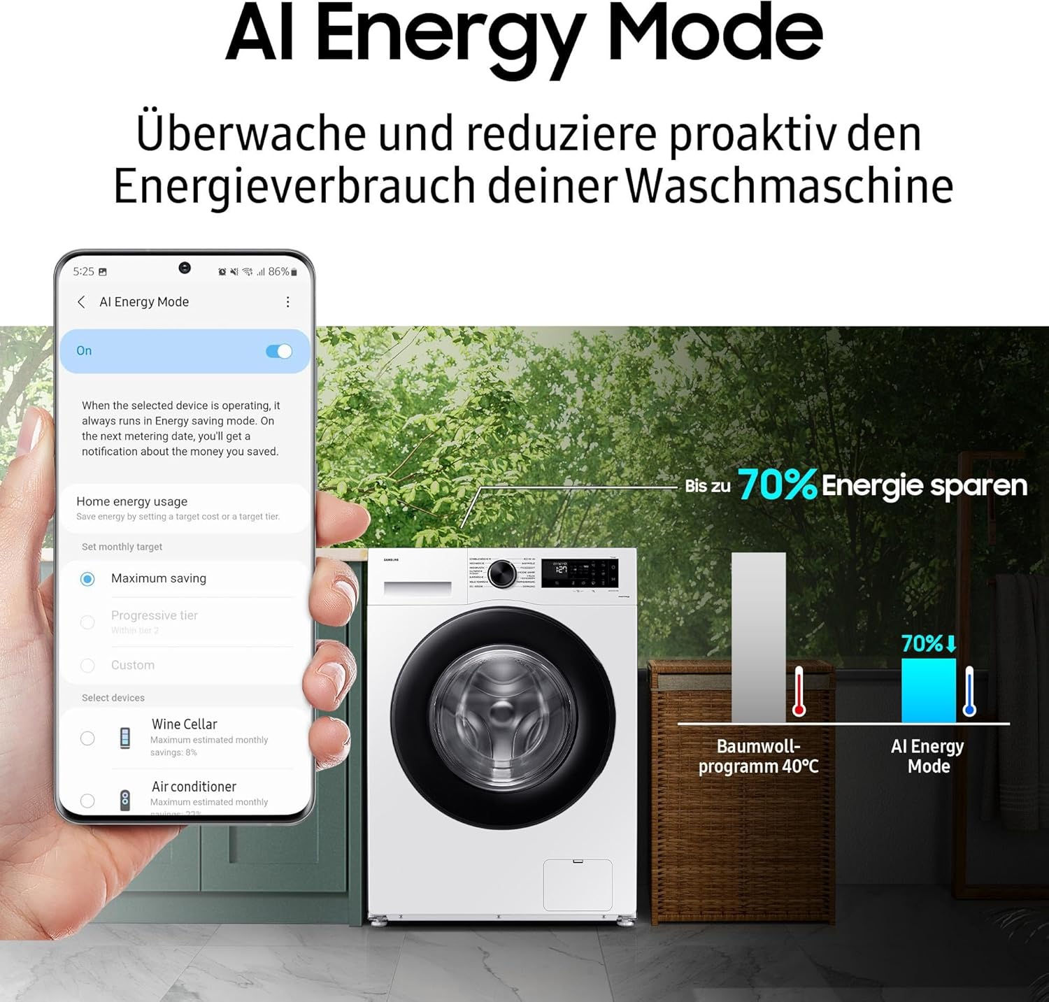 Samsung WD6100D SLIM AI Waschtrockner WD90DG5G34BEEG, 9+5 kg, Extra sparsam, EEK: E/A (-10%), Nur 48 cm tief, Waschmaschine + Trockner in einem, AI Ecobubble, WiFi, SmartThings, SuperSpeed, Weiß