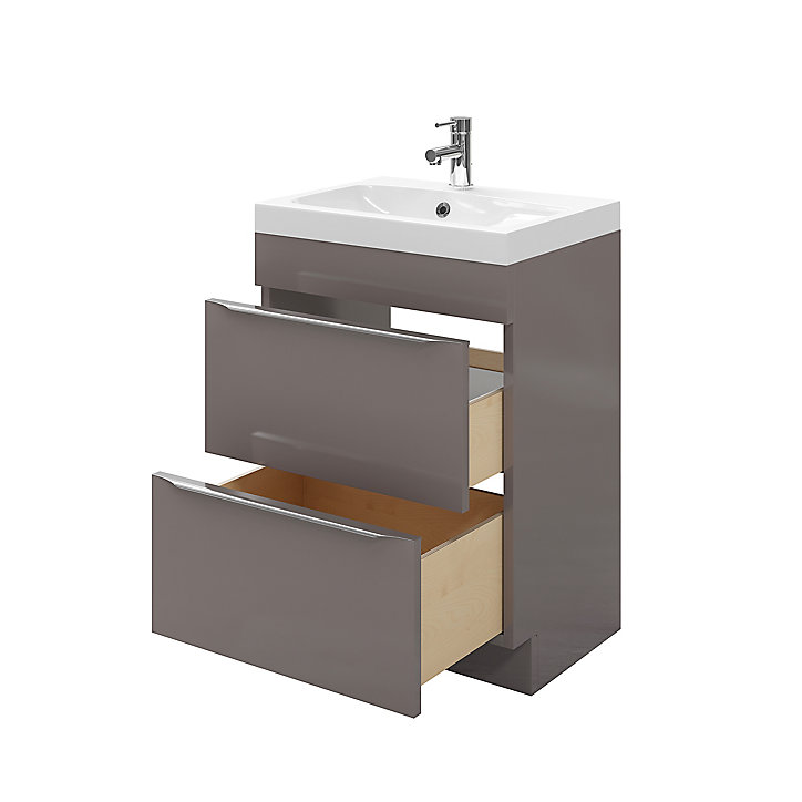 Ensemble l.60 cm meuble sous vasque Imandra gris taupé à poser + plan vasque Mila résine blanc