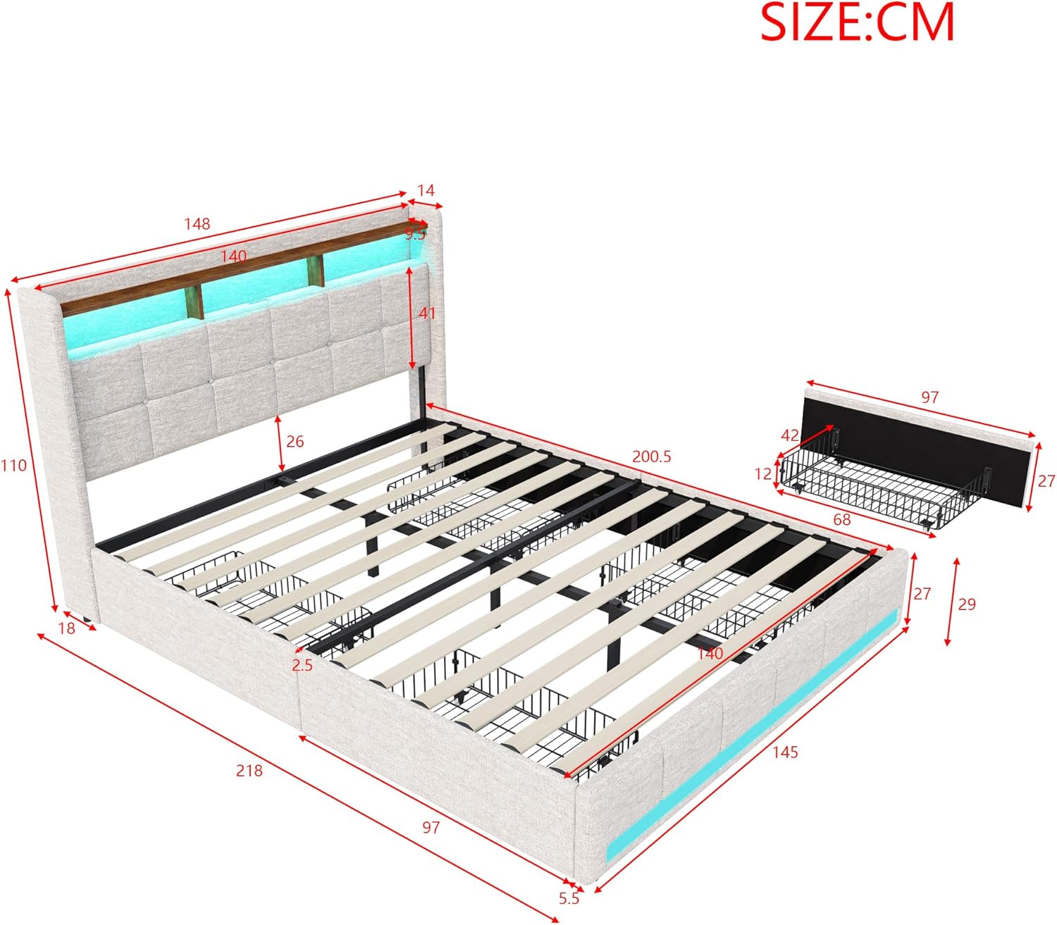 Doppelbett, gepolstert, 140 x 200 cm, Polsterbett mit 4 Schubladen, Boxbett mit Stauraum und Lattenrost, Kopfteil mit LED und USB, Bettgestell für Erwachsene, Jugendliche, Leinen (Beige, 140 x 200 cm)